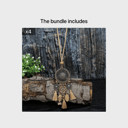 Brown Boho Pendant Necklace with Rhinestone Accents and Khaki Tassel Chain