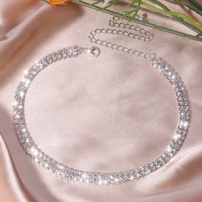 Women's Double Row Rhinestone Silver Plated Vintage Chain Necklace
