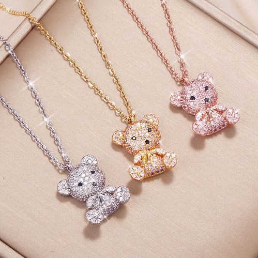 Vibrant Y2K Rhinestone Cartoon Bear Necklace for Women - Sparkling 24K Gold Plated Jewelry with Decorative Chain
