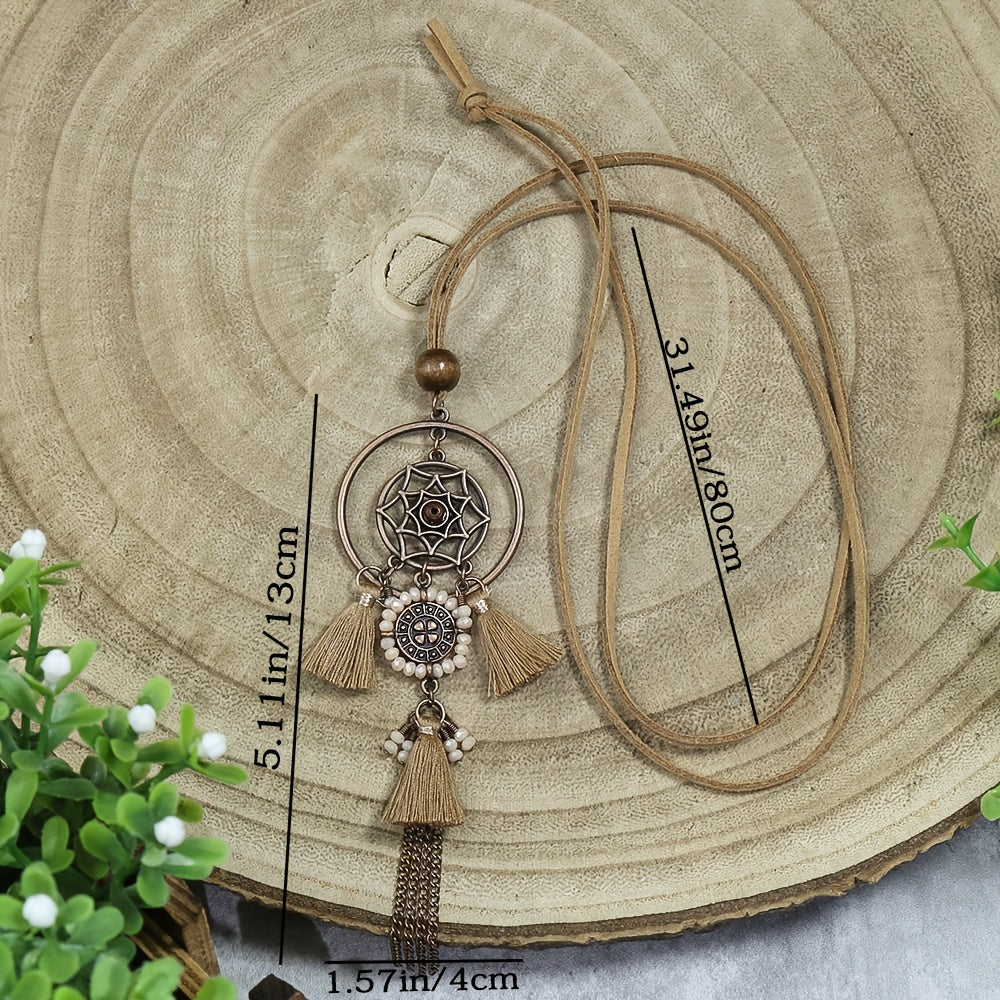 Brown Boho Pendant Necklace with Rhinestone Accents and Khaki Tassel Chain