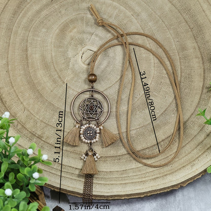 Brown Boho Pendant Necklace with Rhinestone Accents and Khaki Tassel Chain