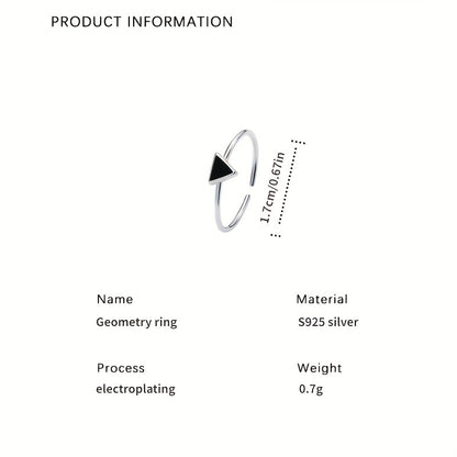 Elegant S925 Sterling Silver Black Triangle Open Ring for Women and Girls