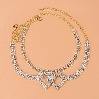 Trendy Double Heart Rhinestone Anklets Set for Elegant Party and Wedding Wear