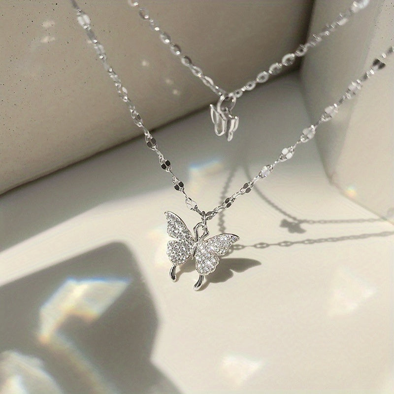 Y2K Silvery Rhinestone Butterfly Double Layer Necklace for Party and Gift