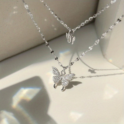 Y2K Silvery Rhinestone Butterfly Double Layer Necklace for Party and Gift