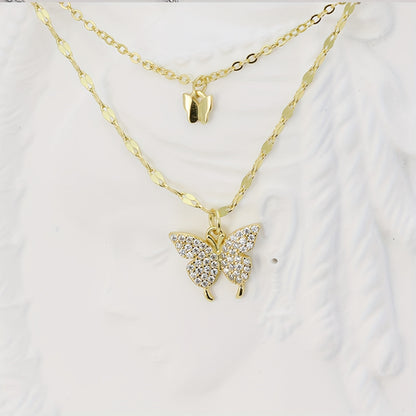 Y2K Silvery Rhinestone Butterfly Double Layer Necklace for Party and Gift