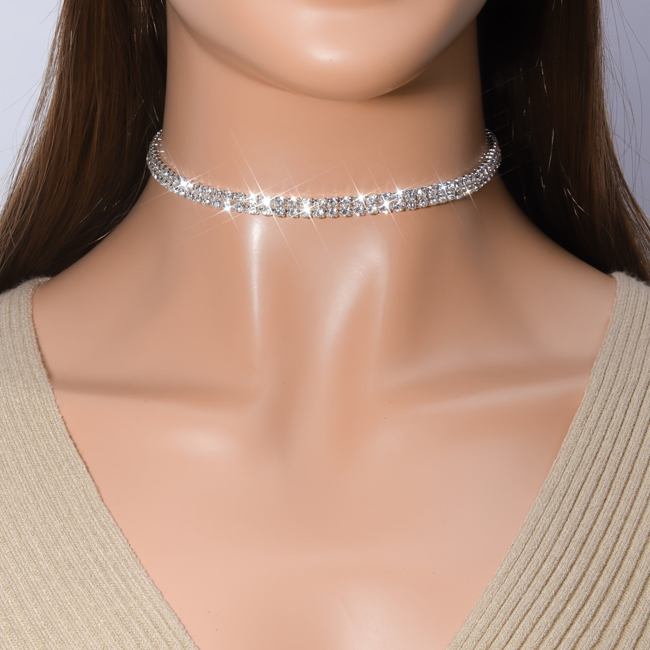 Women's Double Row Rhinestone Silver Plated Vintage Chain Necklace