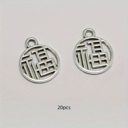 Vintage Silvery Lucky Word Pendant Charms with Chinese Elements for DIY Jewelry Crafting