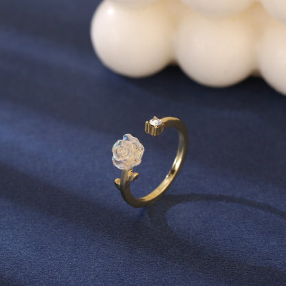 Camellia Flower Adjustable Open Ring with Synthetic Gems for Daily Charm