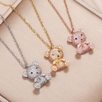 Vibrant Y2K Rhinestone Cartoon Bear Necklace for Women - Sparkling 24K Gold Plated Jewelry with Decorative Chain