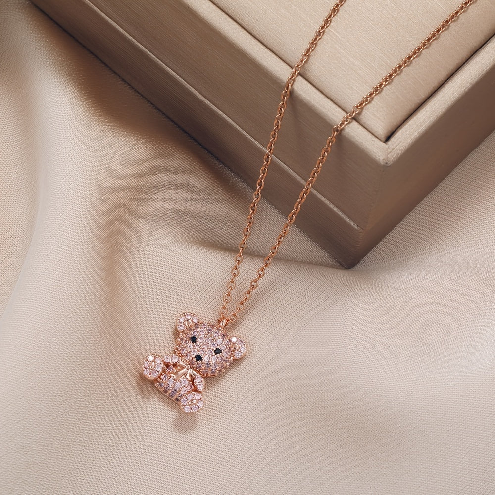 Vibrant Y2K Rhinestone Cartoon Bear Necklace for Women - Sparkling 24K Gold Plated Jewelry with Decorative Chain