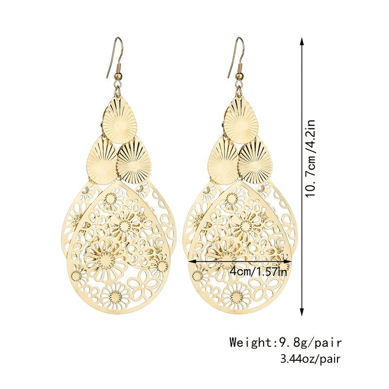 Elegant Vintage Hollow Waterdrop Earrings for Women - Multi-Layer Alloy Jewelry Gift Pair