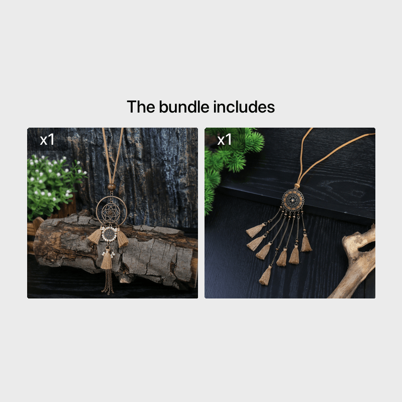 Brown Boho Pendant Necklace with Rhinestone Accents and Khaki Tassel Chain