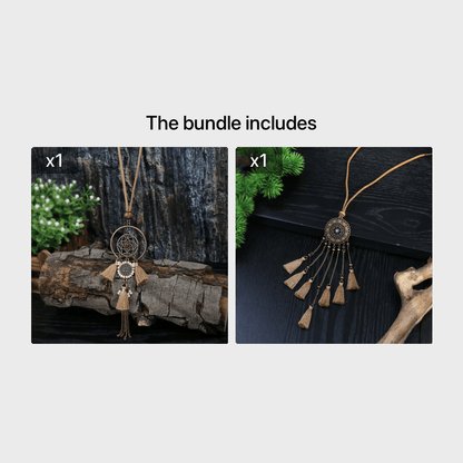 Brown Boho Pendant Necklace with Rhinestone Accents and Khaki Tassel Chain