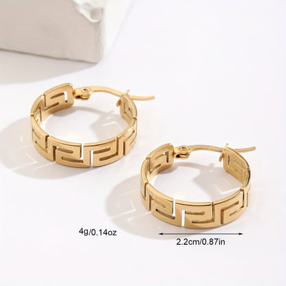 Vintage 18K Gold Plated Stainless Steel Hoop Earrings With Great Wall Design for Women