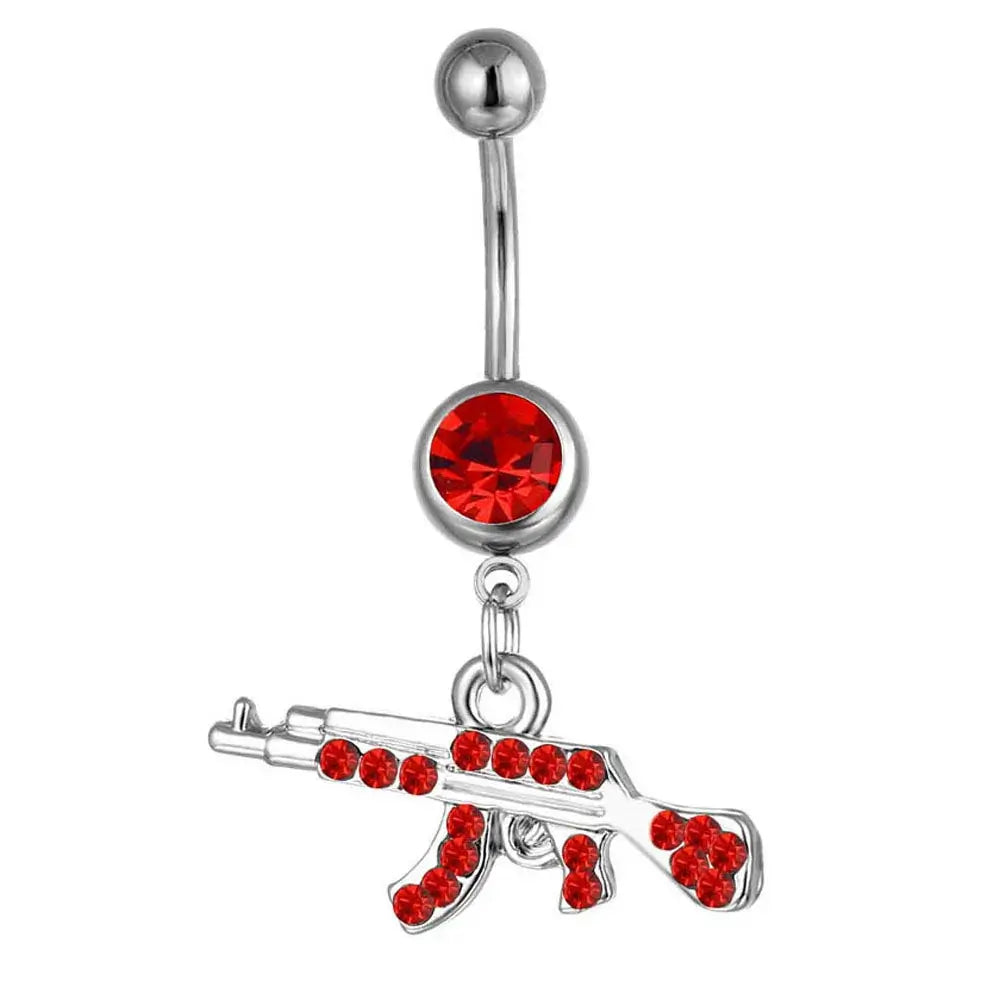 Gun Pendant Navel Rings for Women Silver Rhinestone Jewelry Red