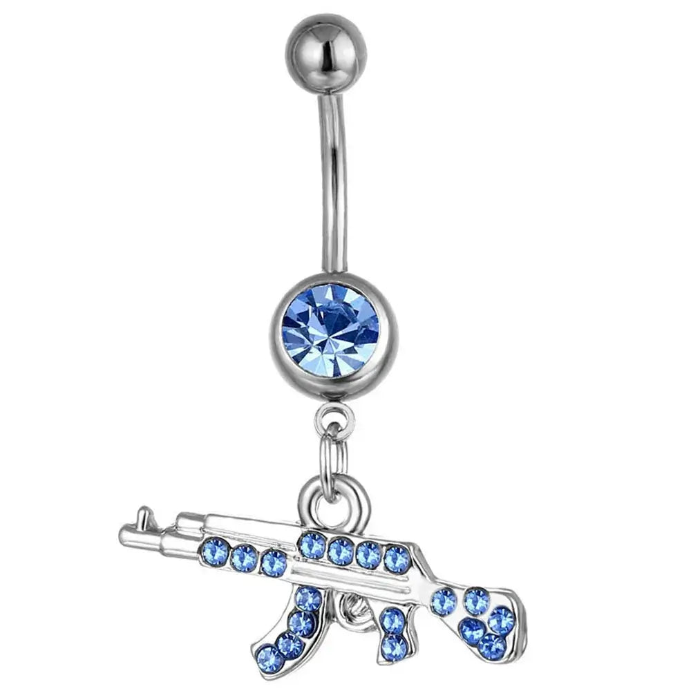 Gun Pendant Navel Rings for Women Silver Rhinestone Jewelry Blue
