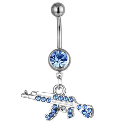 Gun Pendant Navel Rings for Women Silver Rhinestone Jewelry Blue