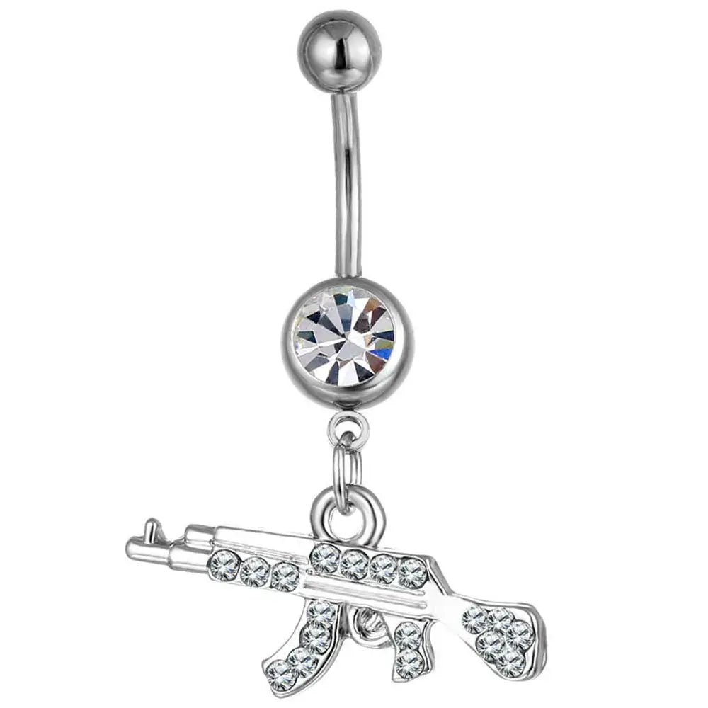 Gun Pendant Navel Rings for Women Silver Rhinestone Jewelry White