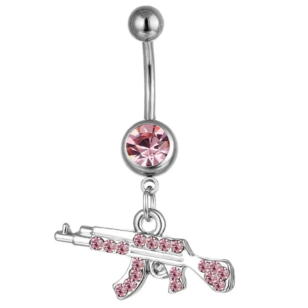 Gun Pendant Navel Rings for Women Silver Rhinestone Jewelry Pink