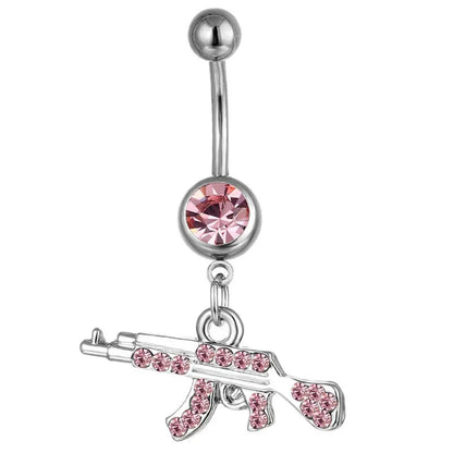 Gun Pendant Navel Rings for Women Silver Rhinestone Jewelry Pink