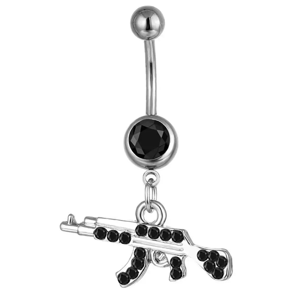 Gun Pendant Navel Rings for Women Silver Rhinestone Jewelry Black