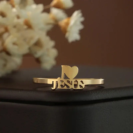 Kinitial I Love Jesus Letter Finger Ring Women Christian Jewelry Stainless Steel